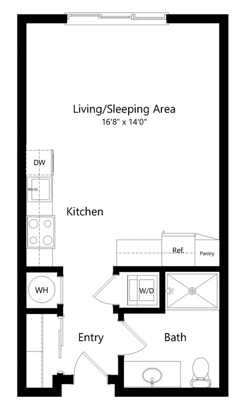 a 2D floorplan of the studio Logan without a privacy wall at The Conrad in Omaha, NE 68105